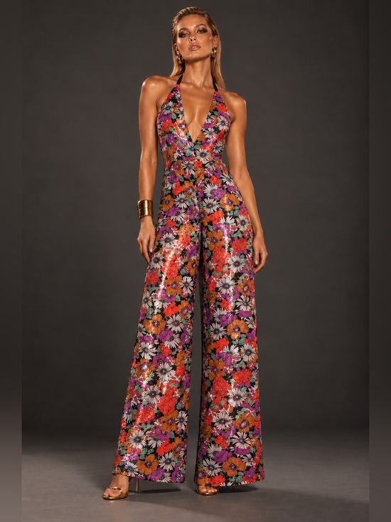 Cider Pants - Cider Flower Power Sequin Halter Wide Leg Jumpsuit 70s Disco Halloween 60s